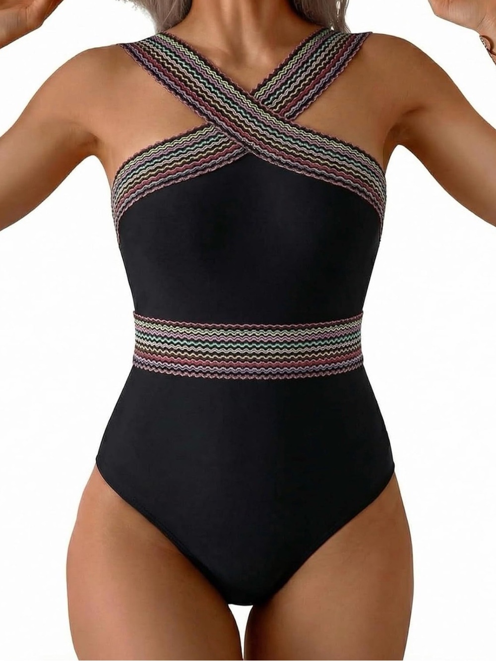 Black Kids One-Piece Swimsuit with Multicolor Striped Trim